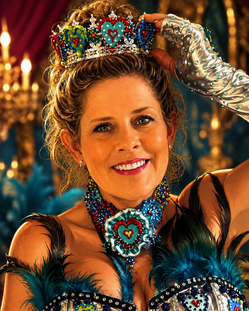 A smiling woman in a theatrical costume wears a jeweled tiara and a matching beaded necklace, with blue feathers and a silver beaded glove visible against a warm, candlelit stage-like background.