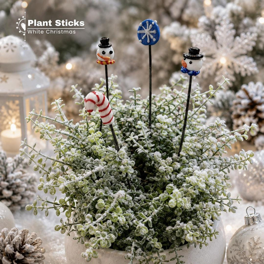 White Christmas Lampwork Glass Plant Sticks
