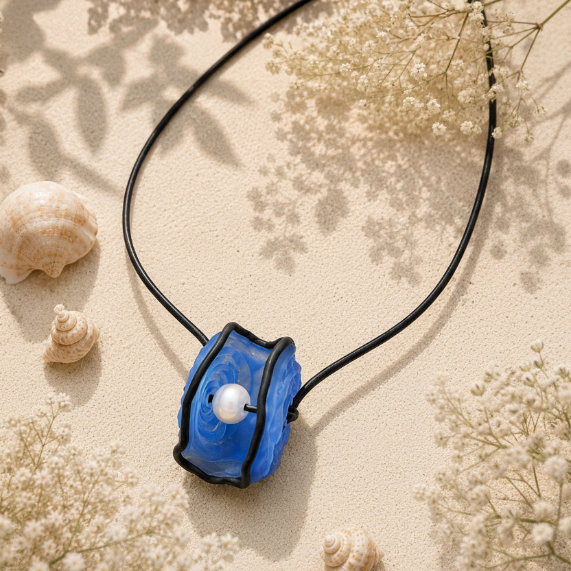 A handmade blue glass pendant necklace with a white pearl and black cord, styled on a sandy beach background with seashells and shadows. A watermark in the top left reads 'Handmade Details'.