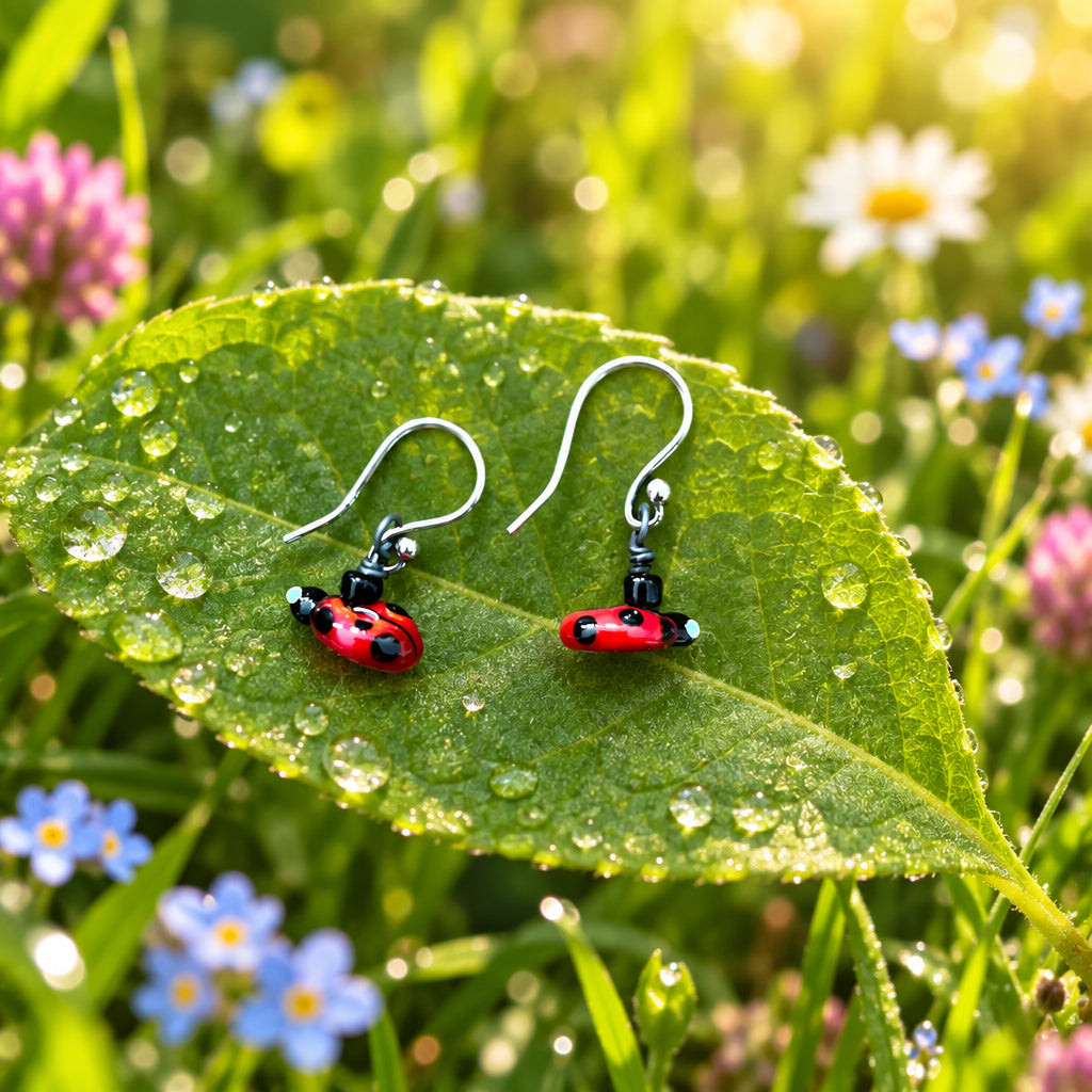 A pair of handmade ladybug drop earrings with silver fishhook wires, resting on a rustic, weathered wooden surface.