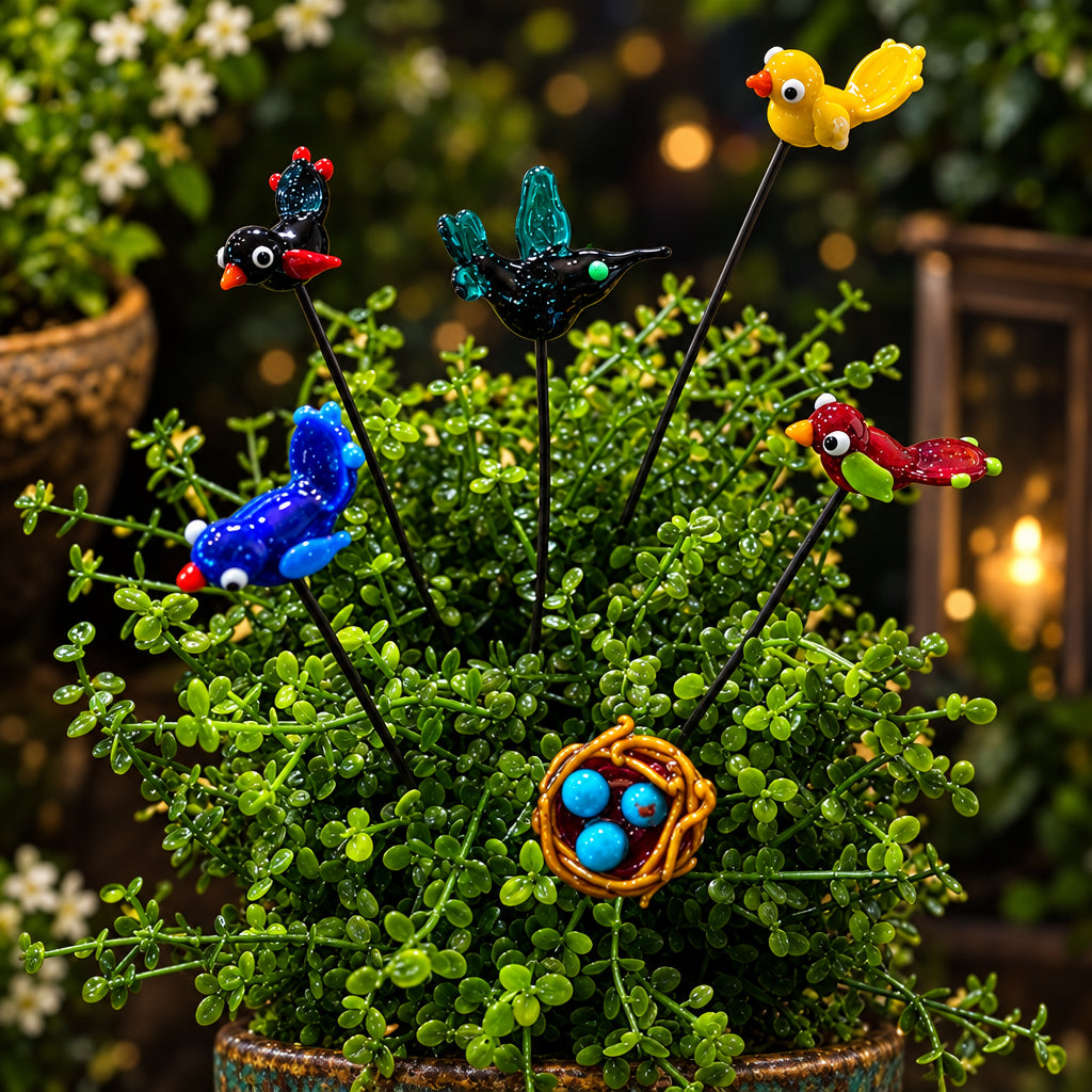 A set of six colorful glass bird and nest plant stakes arranged in a small green garden planter. The set includes a yellow bird, a blue bird, a red bird, a black bird with teal wings, a black bird with red beak, and a yellow-and-brown nest with blue eggs.