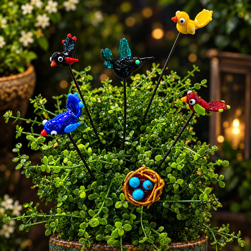 A set of six colorful glass bird and nest plant stakes arranged in a small green garden planter. The set includes a yellow bird, a blue bird, a red bird, a black bird with teal wings, a black bird with red beak, and a yellow-and-brown nest with blue eggs.