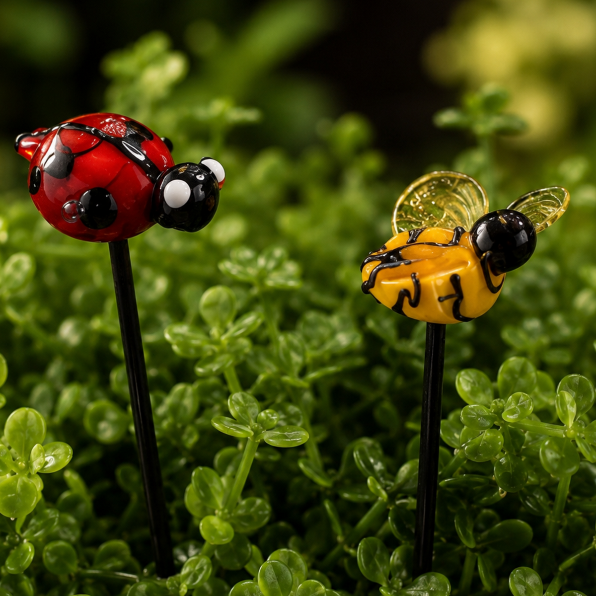 Two decorative garden stakes shaped like a red ladybug and a yellow-and-black bee, placed in green leafy plants. The ladybug stake is red with black spots and white eyes, and the bee stake is yellow with black stripes and a translucent wing.