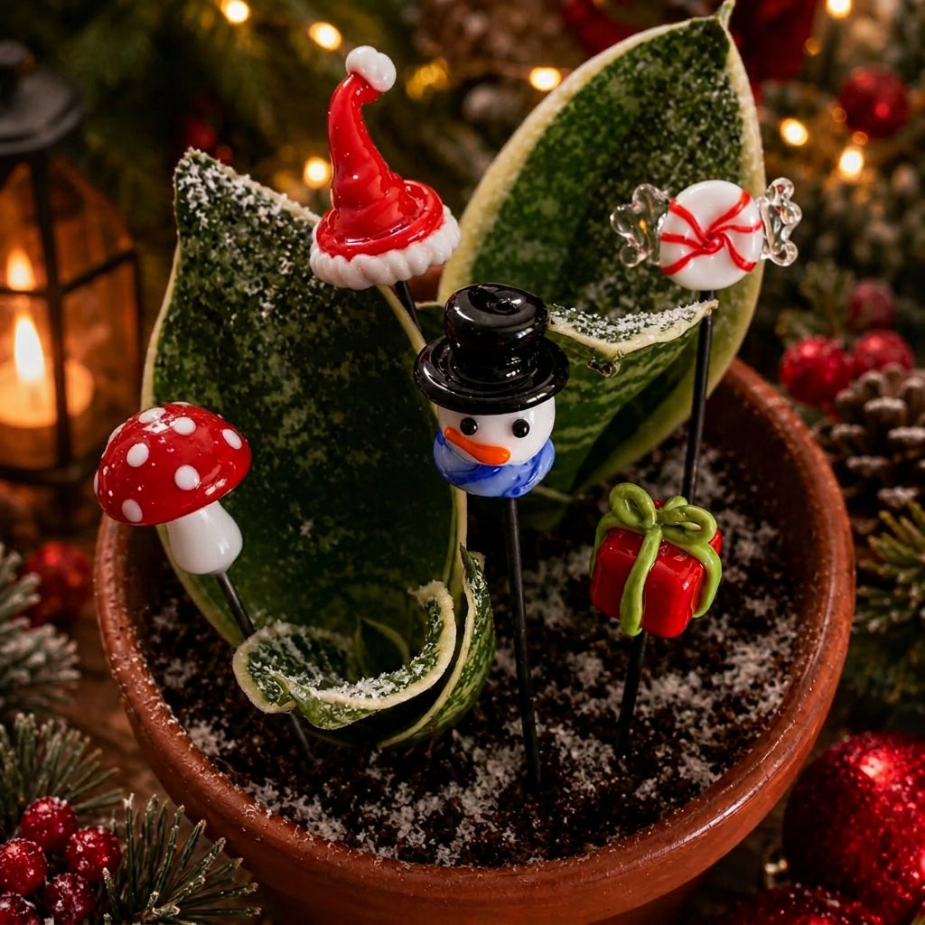 A set of Christmas-themed Plant Sticks displayed in a terracotta pot filled with soil and fake snow, surrounded by festive holiday decorations including pine branches, red berries, and warm string lights. The set includes a Santa hat, a snowman, a red-and-white polka-dot mushroom, a red gift box with a green bow, and a snowflake ornament.