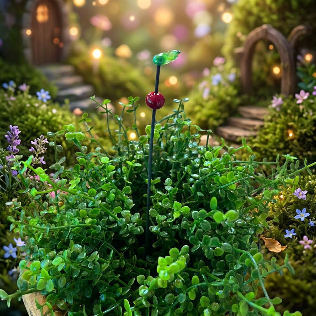 A small potted green succulent or ornamental plant on a wooden table, with a decorative black stake featuring a red bead and green leaf topper.