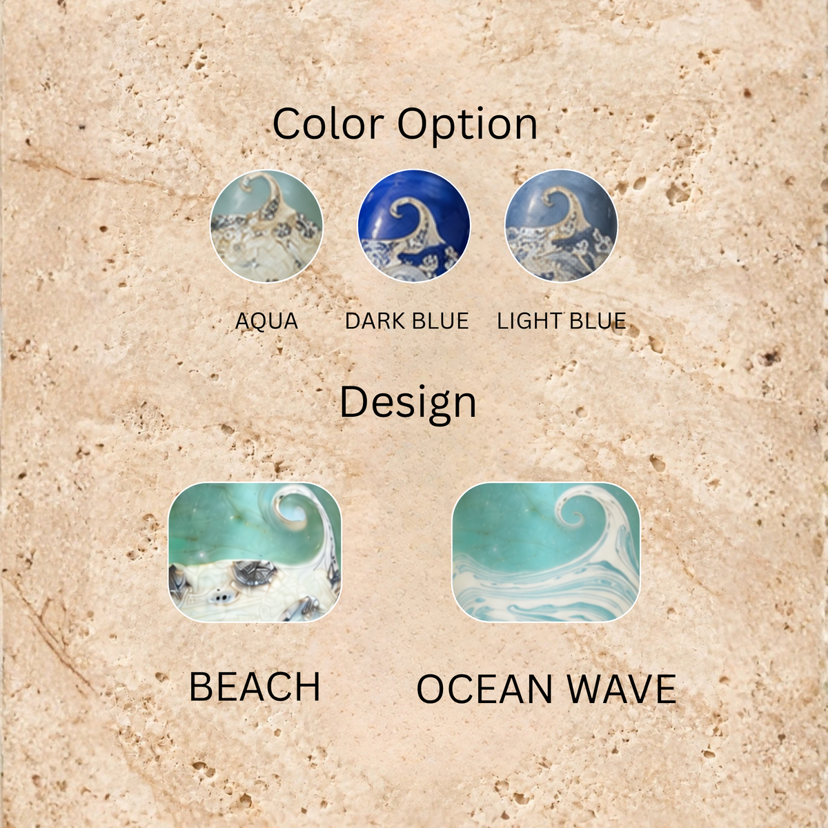 Color and design options for a decorative tile or surface featuring ocean wave imagery. The image shows three circular color options labeled AQUA, DARK BLUE, and LIGHT BLUE, plus two design variants labeled BEACH and OCEAN WAVE, all on a sandy beige textured background.