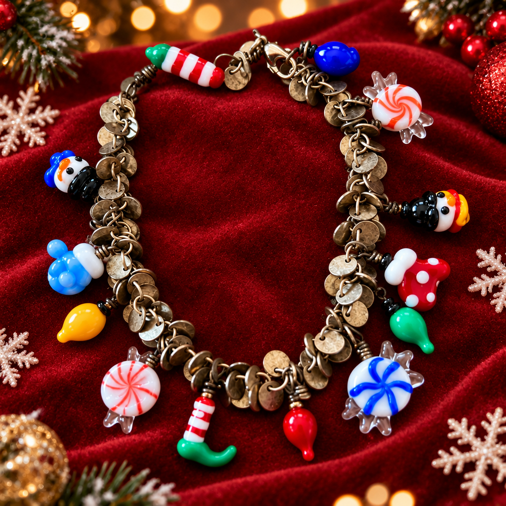 A handmade charm bracelet with a dark metal chain, featuring multiple colorful glass charms including candy, snowman, penguin, and Christmas-themed designs, displayed on a rustic wooden surface.