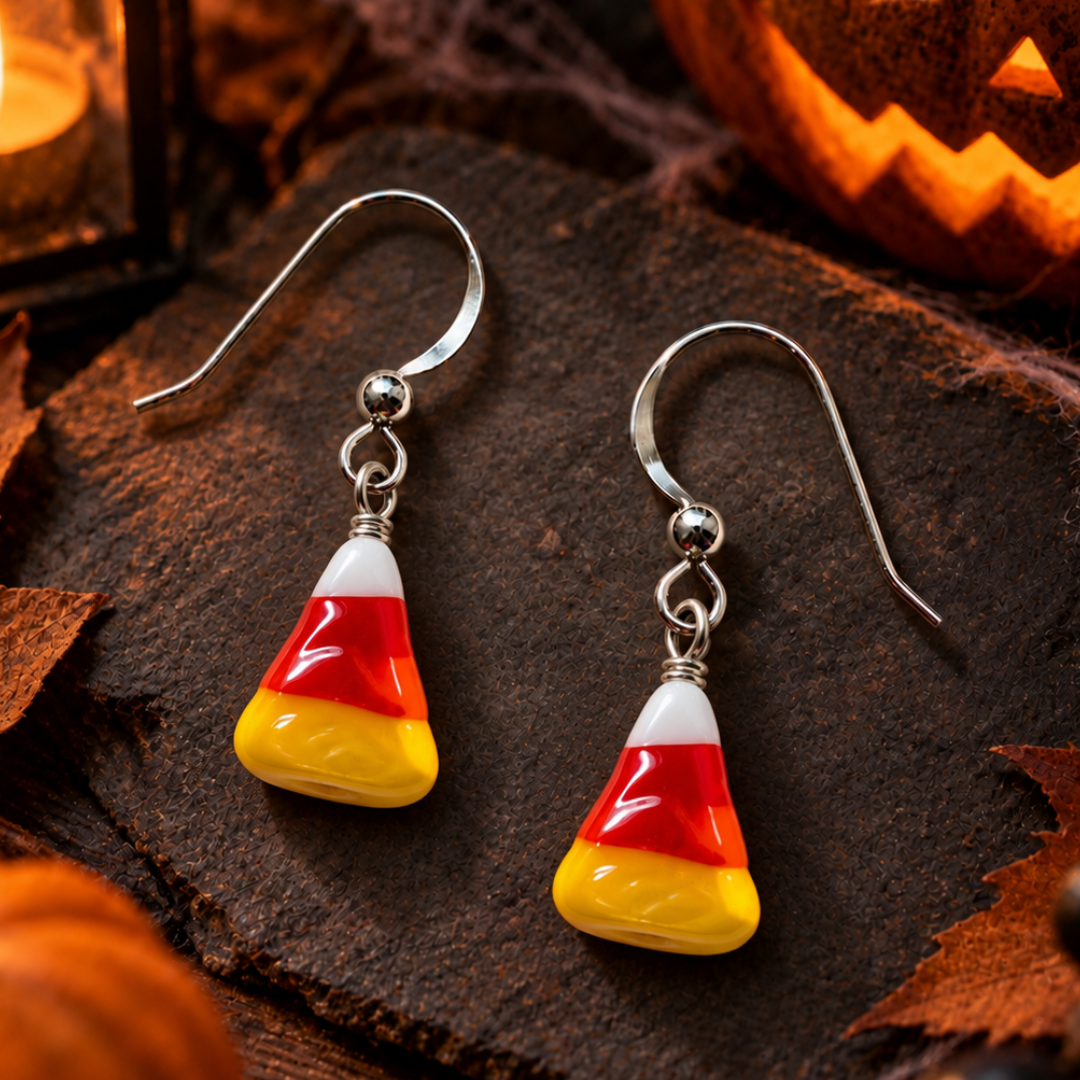 Candy corn dangle earrings with silver fishhook wires, featuring glossy white, orange-red, and yellow segments, displayed on a rustic dark wood surface with Halloween-themed props.