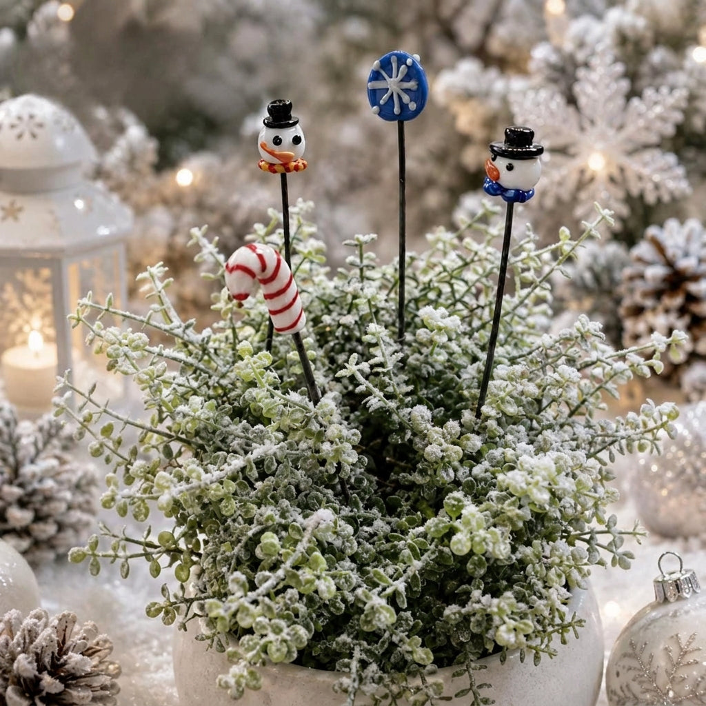 White Christmas-themed plant sticks with festive decorations including a snowman, candy cane, and snowflake, displayed in a frosted green plant arrangement with a white pot, surrounded by holiday lights and pinecones.