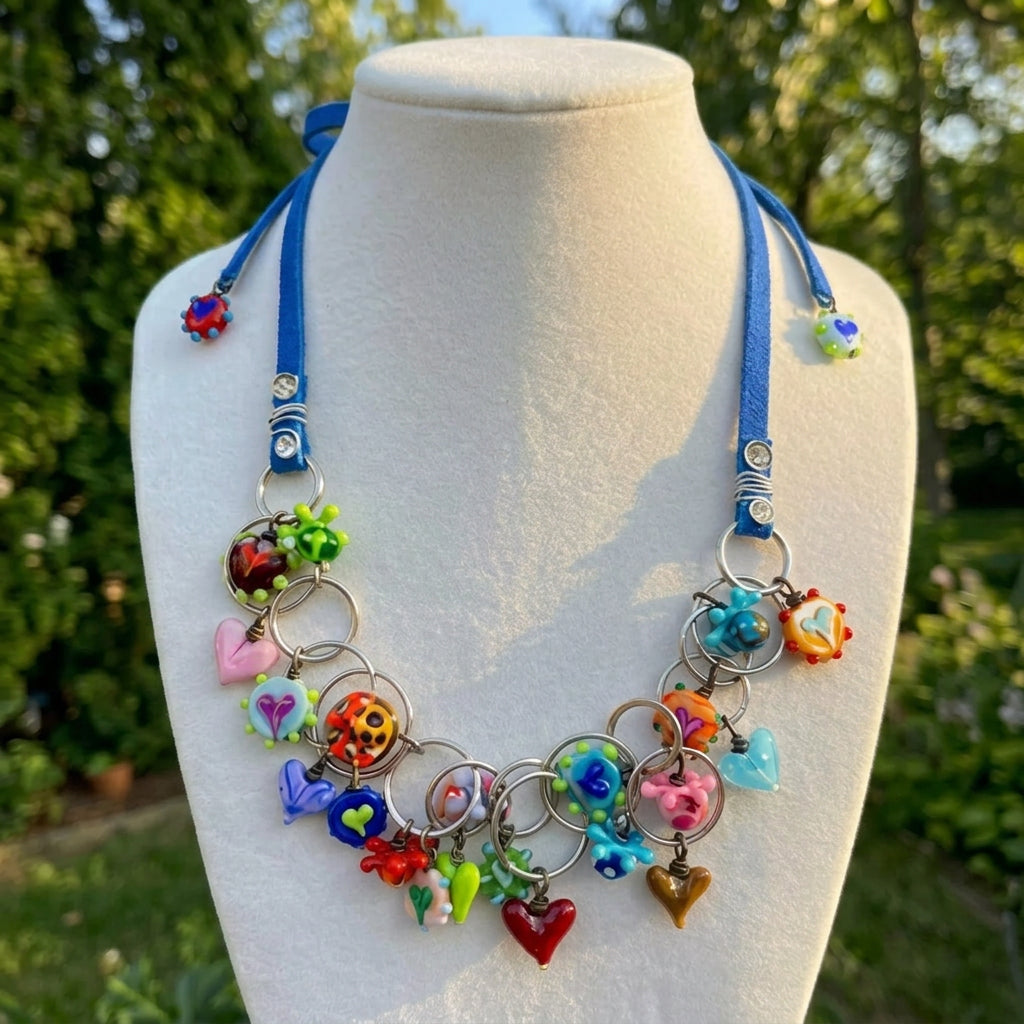 A vibrant blue leather necklace with colorful glass charms displayed on a cream-colored mannequin bust. The necklace features silver-tone rings and charms including hearts, flowers, and abstract shapes in red, green, pink, blue, and yellow.