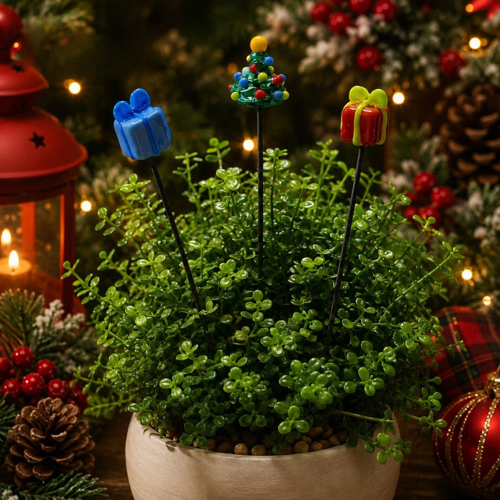 Three Christmas-themed plant sticks displayed in a small beige pot among green foliage, with a blurred festive background including a tree, lantern, and ornaments. The plant sticks are shaped like a blue gift box, a colorful candy tree, and a red wrapped present.