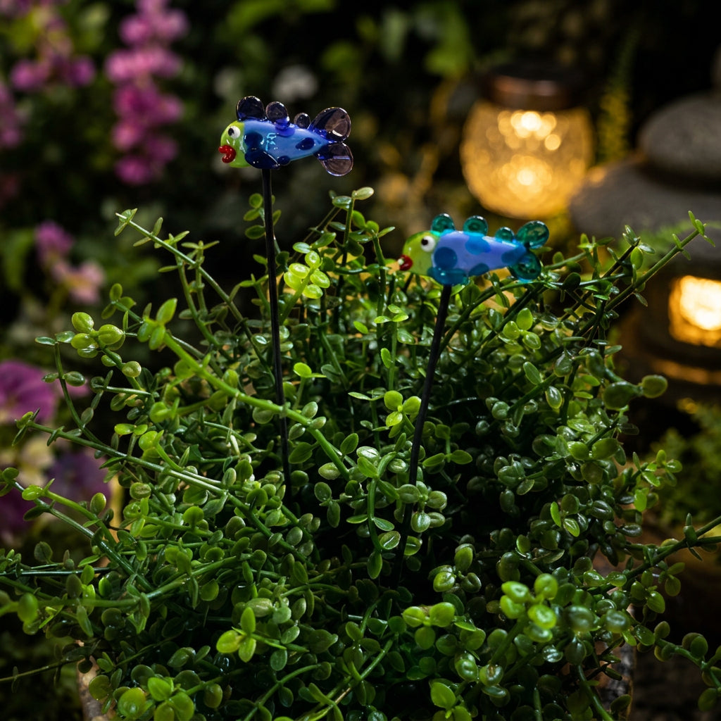 Two colorful fish-shaped plant stakes placed among small green leafy plants, with a blurred garden background and a visible 'Plant Sticks Fish Bundle' logo in the upper left.