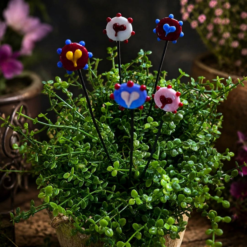 A set of five heart-shaped plant sticks with colorful disc tops, displayed in a small potted green plant. The product includes red, white, blue, pink, and yellow heart designs on black stems, shown in a garden-style setting with blurred plants in the background.