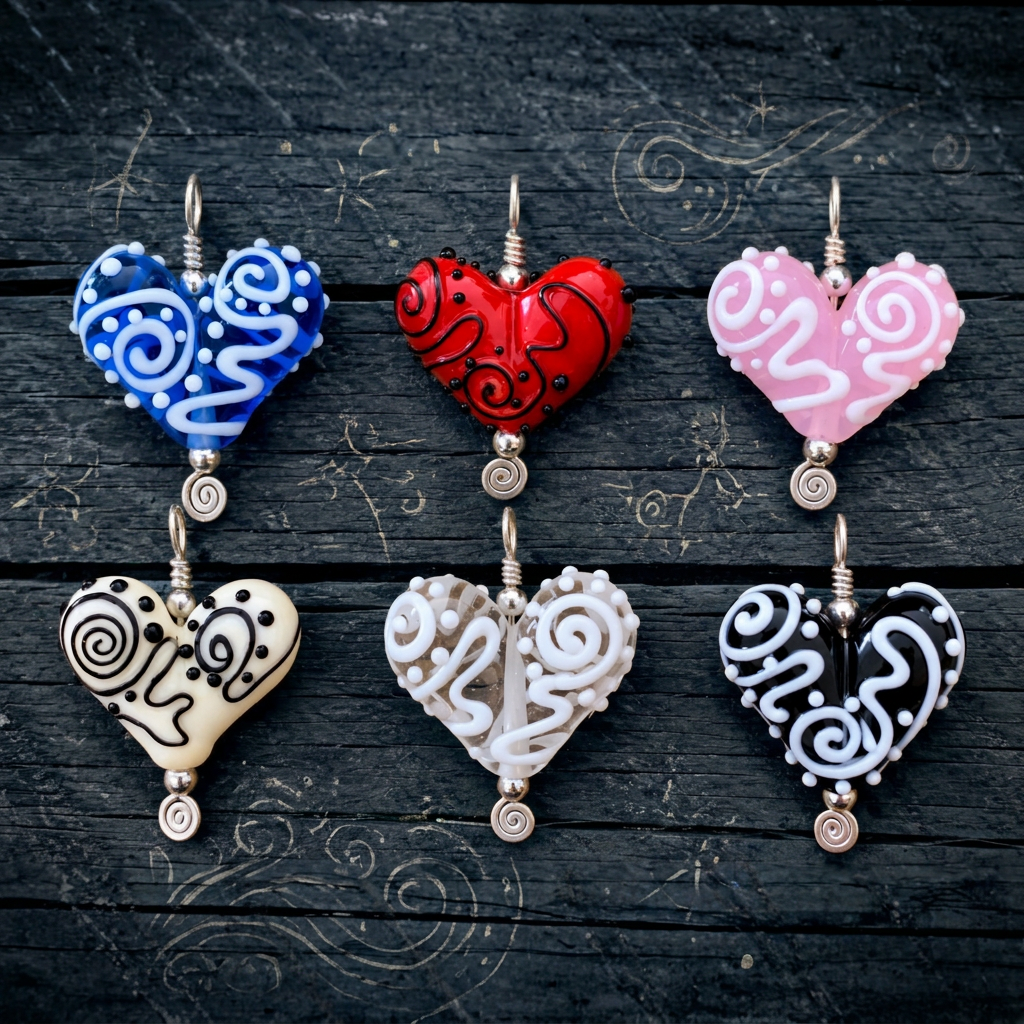 Six heart-shaped glass earrings with silver wire hooks and spiral charms, arranged in two rows on a rustic wooden surface. The earrings come in blue, red, pink, cream, white, and black patterns.