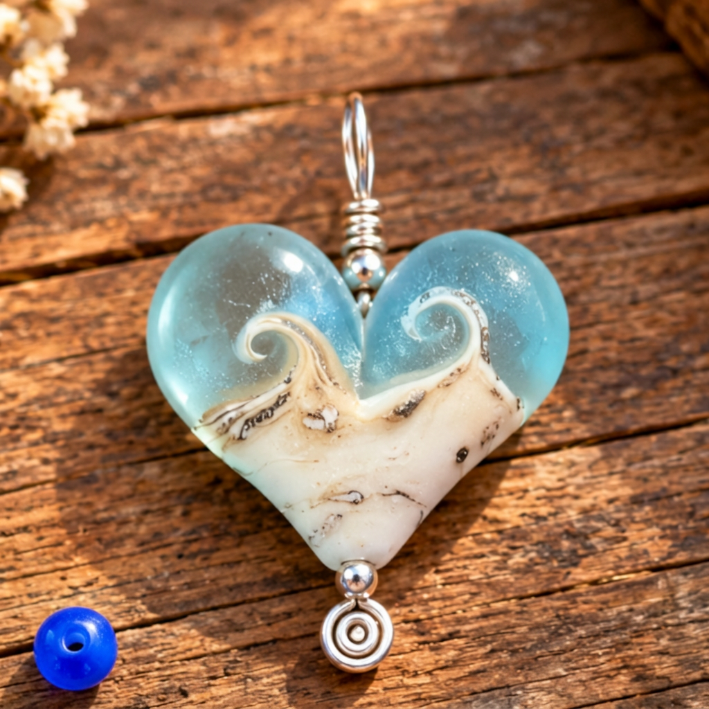 Three heart-shaped glass pendants with a blue and white wave design, displayed on a rustic wooden surface.
