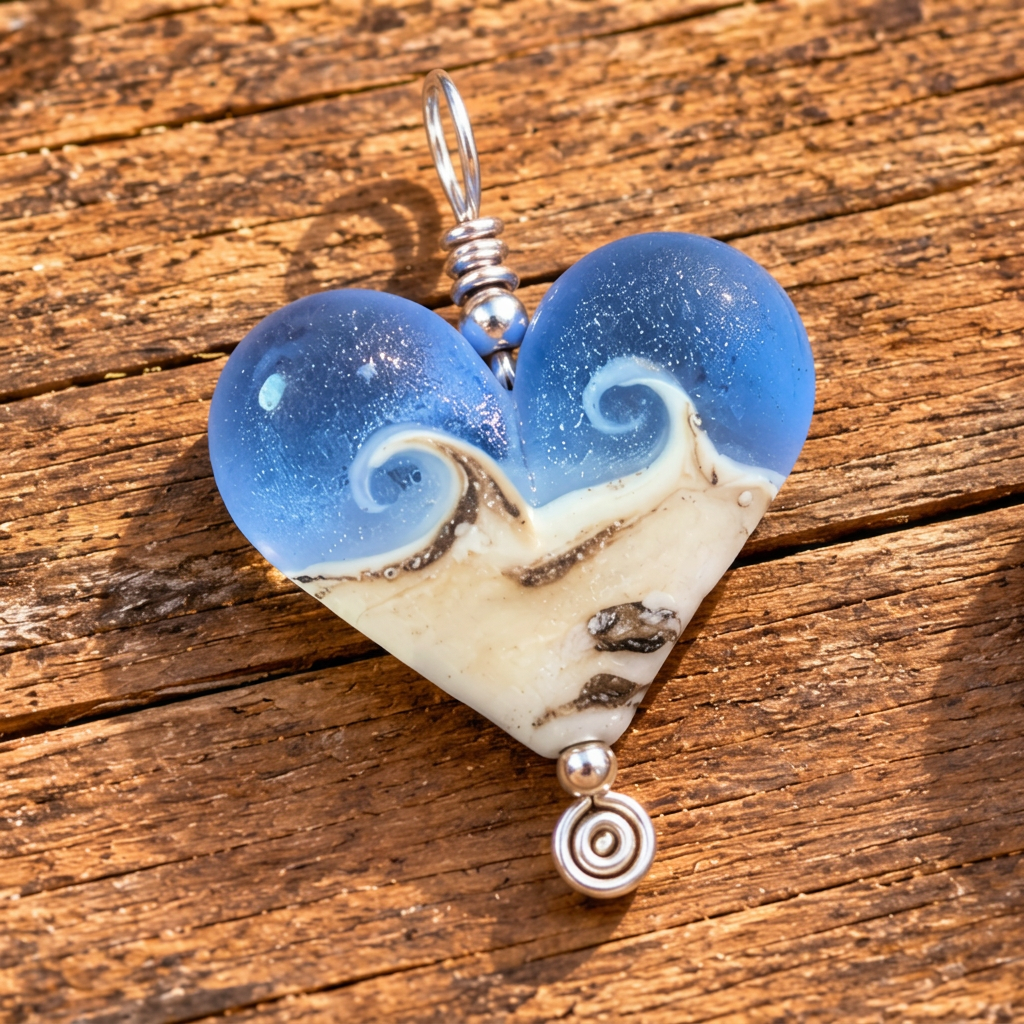 Three heart-shaped glass pendants with a blue and white wave design, displayed on a rustic wooden surface.