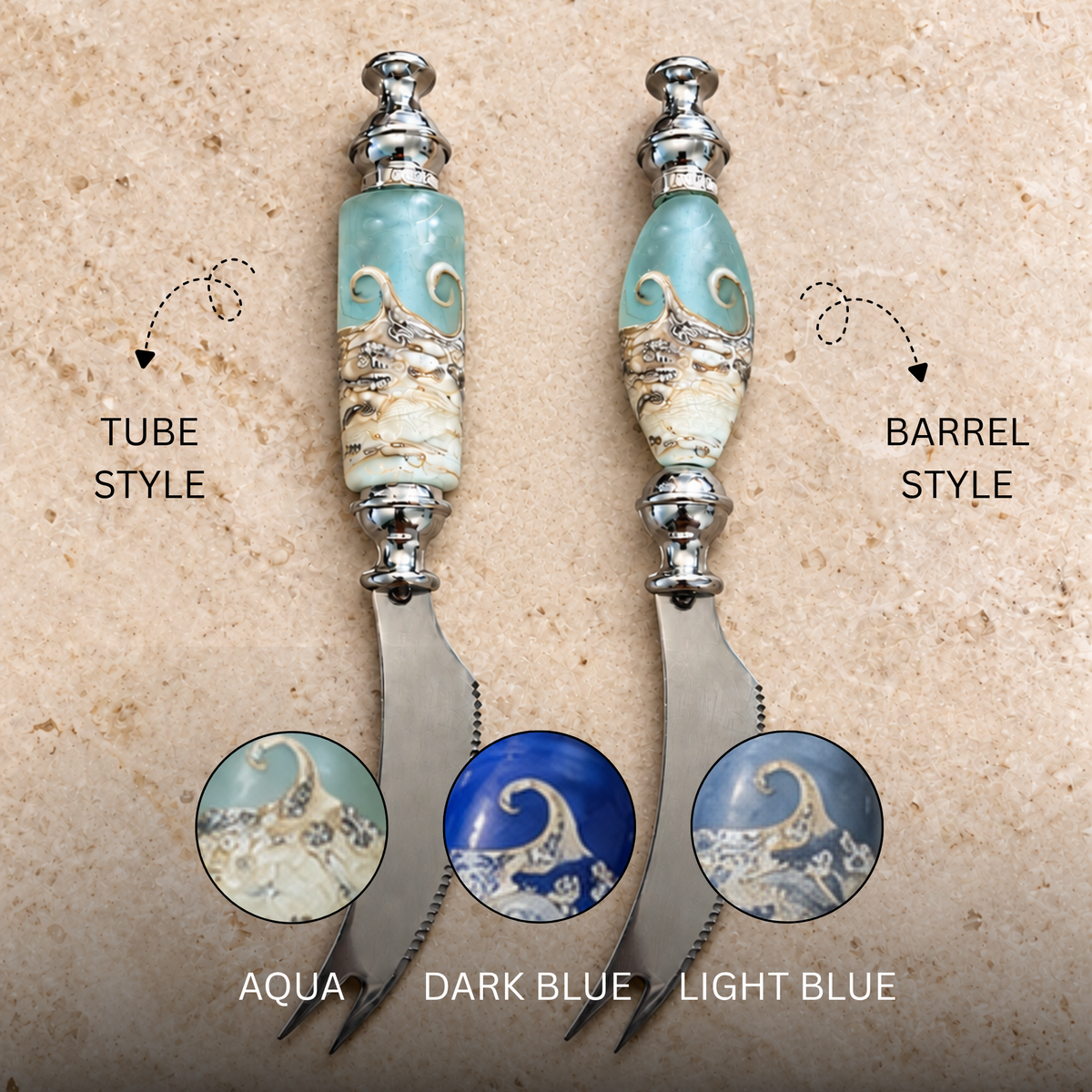 Two decorative knife-style tools with ornate turquoise, cream, and silver handles are shown on a beige stone background, labeled Tube Style and Barrel Style, with circular inset color options labeled Aqua, Dark Blue, and Light Blue.