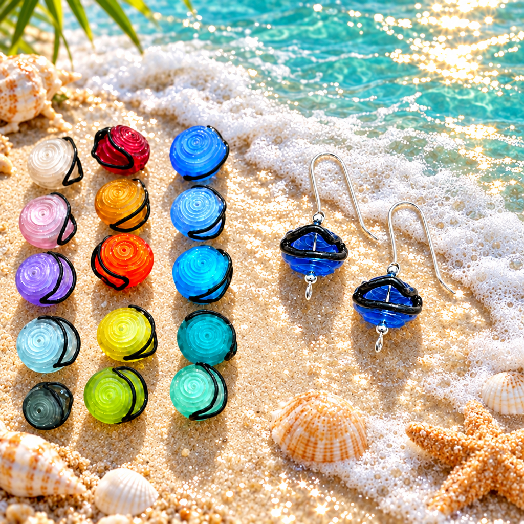 Earring charms made of layered spiral glass beads in multiple colors, shown both as a set of options and assembled on silver fishhook earrings, displayed on a sandy beach background with small seashells.