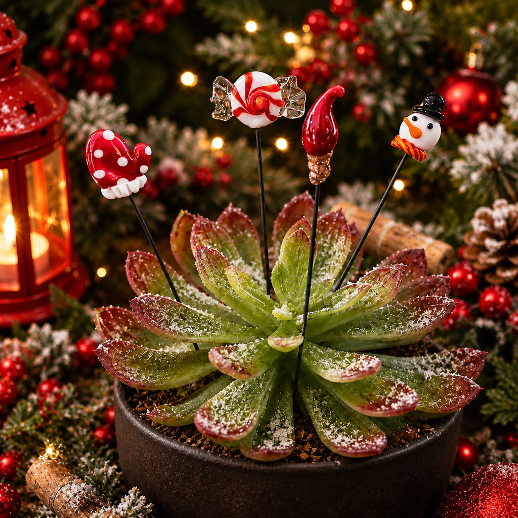 A decorative succulent plant with red and green leaves, styled in a holiday setting with four Christmas-themed plant sticks: a red-and-white polka dot mushroom, a peppermint candy, a red gnome, and a snowman. The background shows a blurred Christmas tree with lights and ornaments.