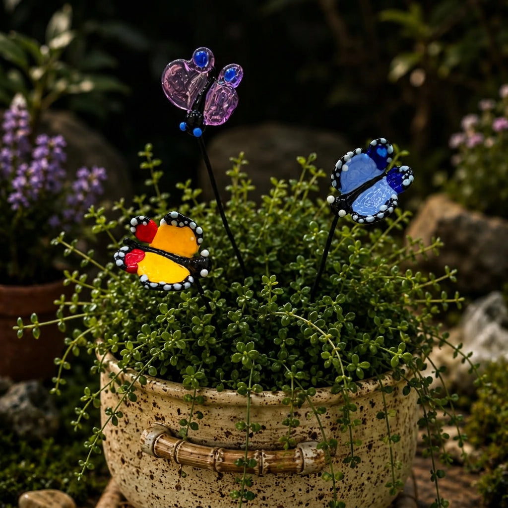 Three butterfly-shaped garden plant sticks with colorful stained-glass-style wings are shown planted in a small green succulent pot outdoors. The butterflies feature purple, blue, yellow, red, and black colors.