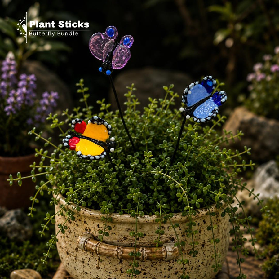 Three butterfly-shaped garden plant sticks with colorful stained-glass-style wings are shown planted in a small green succulent pot outdoors. The butterflies feature purple, blue, yellow, red, and black colors.