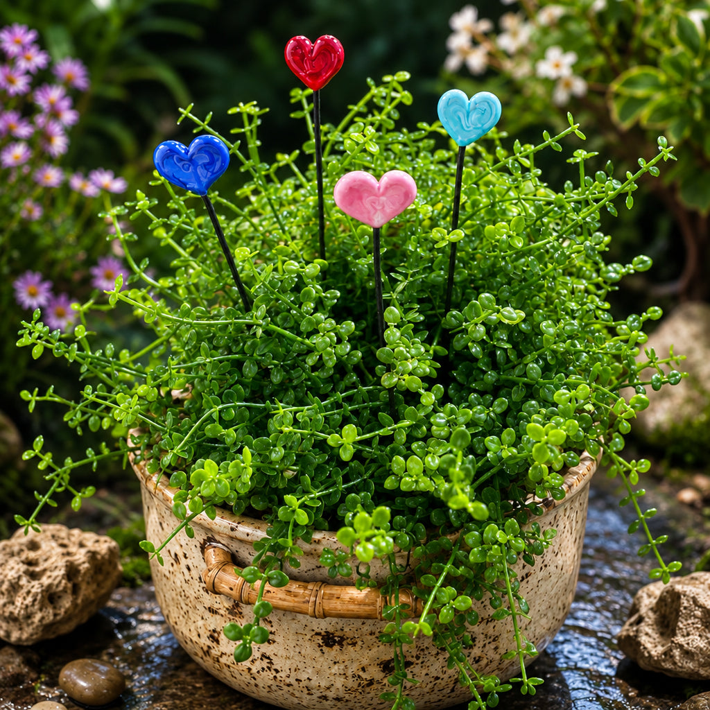 A potted green trailing plant with four small heart-shaped plant stakes in blue, red, pink, and light blue, displayed in a rustic speckled ceramic pot outdoors among rocks and blurred flowers. The 'Plant Sticks Heart Bundle' logo is visible in the top left corner.