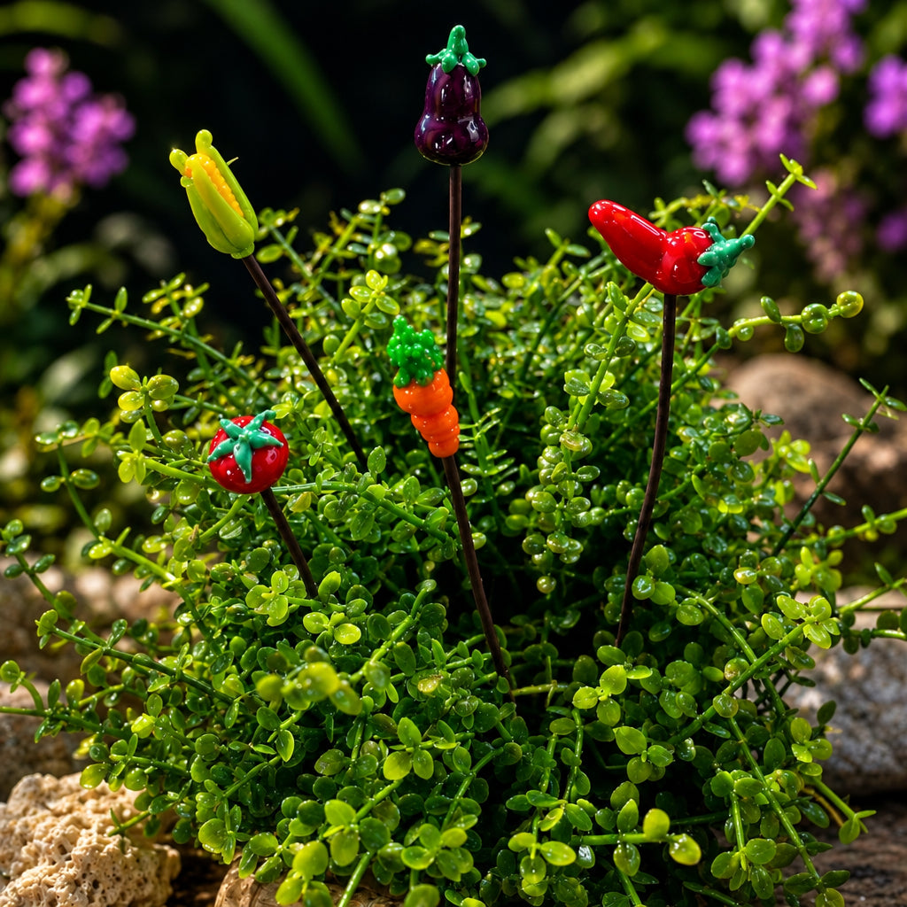 A plant stake vegetable bundle featuring small, colorful vegetable-shaped plant sticks planted in a small green succulent garden. The bundle includes a yellow bell pepper, a red chili pepper with green stem, an orange carrot with green top, a dark purple eggplant, and a red tomato with green leaves, all on dark stakes.
