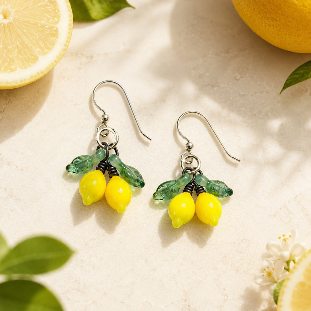 Lemon drop earrings with bright yellow bead clusters, green leaf charms, and silver fishhook wires, styled on a light stone surface with lemon slices and green leaves around them.